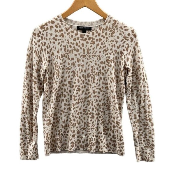 Banana Republic Sweater Womens‎ Small Cream Brown Animal Print 100% Merino Wool - Picture 1 of 7